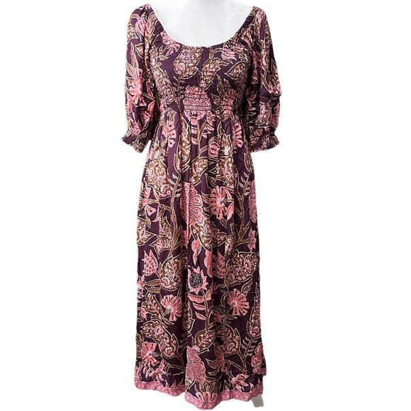 NWT Omika Brown Balloon Sleeve Ruched Upper High Waist Blair Midi Dress Sz Small - Picture 2 of 13